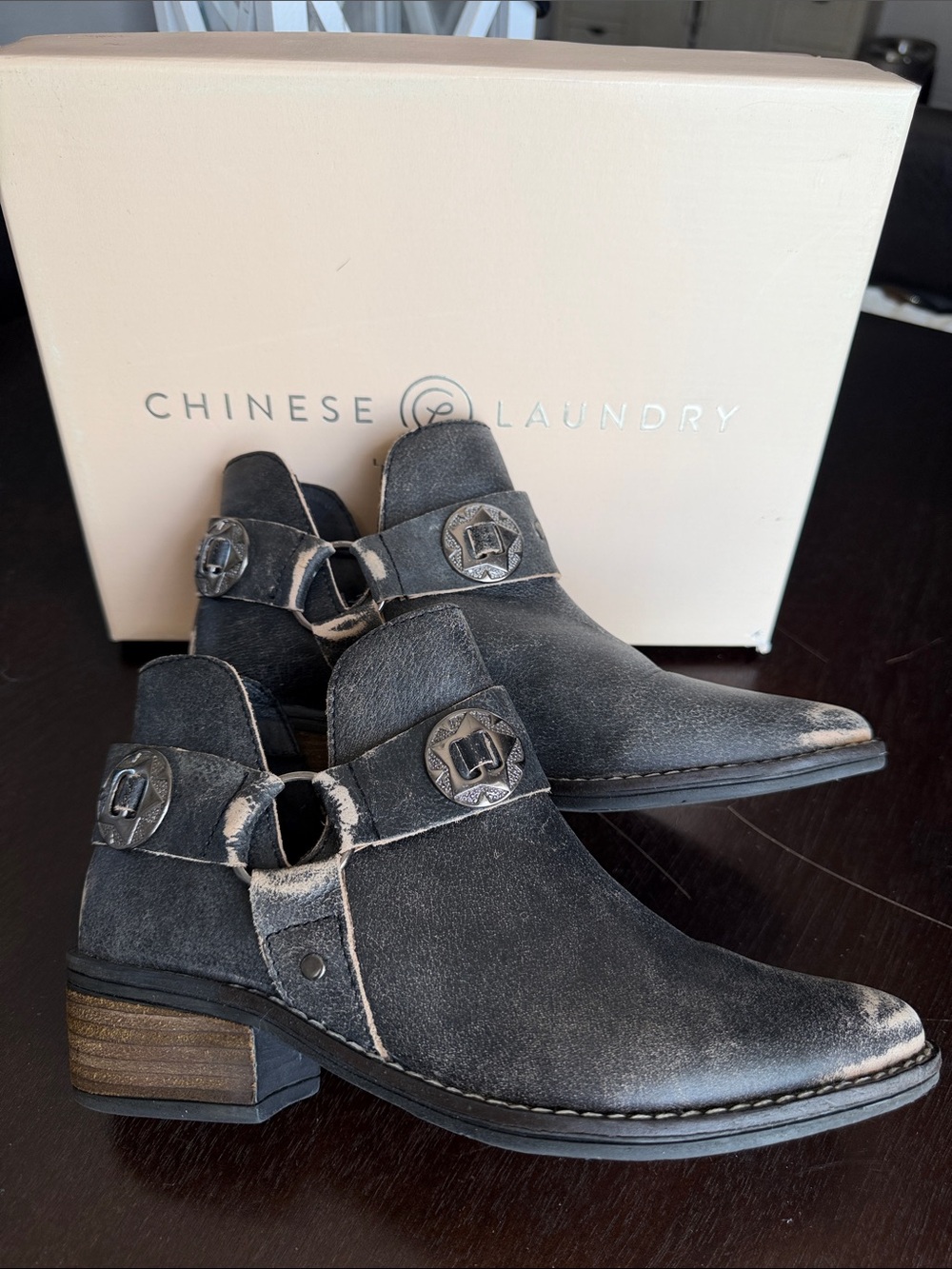 Chinese Laundry Distressed Black Leather Ankle Booties with Metal Accents